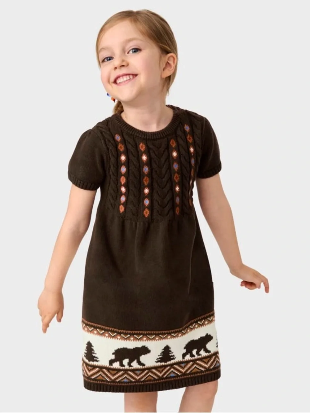 Girls Intarsia Bear Sweater Dress - Montana Mountain - Brown.  Size 12